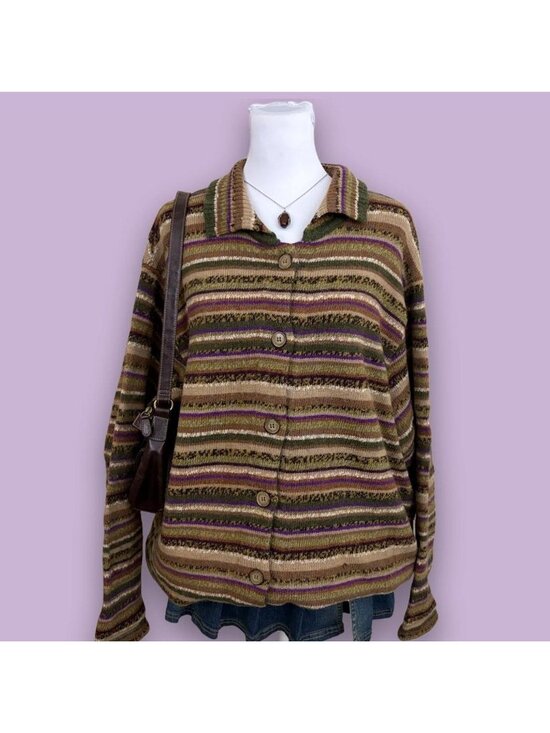 Fashion Bug Sweaters - 90s striped plus size granola girl wool cardigan